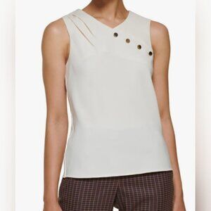 DKNY Faux Leather Detail. Mixed Media Blouse – Ivory/Buttercream